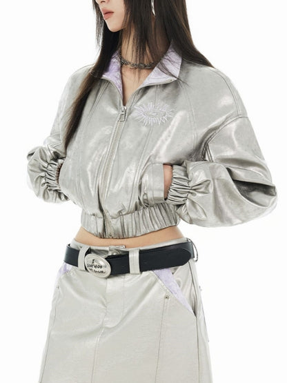 Y2K Metallic Silver Cropped Jacket X2453