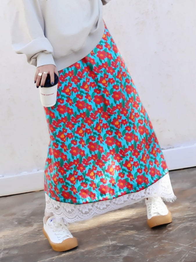 Flower pattern lace long skirt X2422