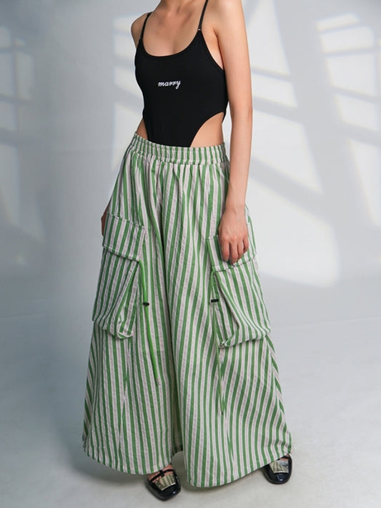 Striped slit A-line long skirt X2379