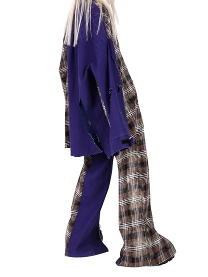 Retro check color block zip up pants X2441