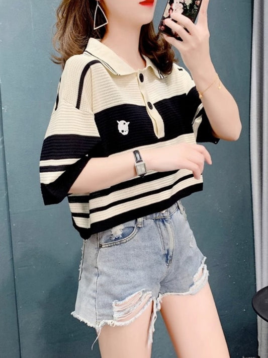 Retro striped short polo shirt X2359