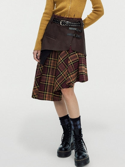 Layered check medium skirt X2458