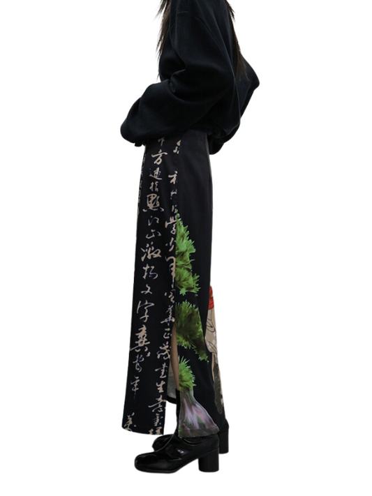 Japanese pattern slit maxi skirt X901