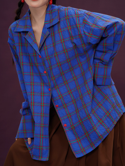 Klein Blue Plaid Retro Loose Long-Sleeve Shirt X3394