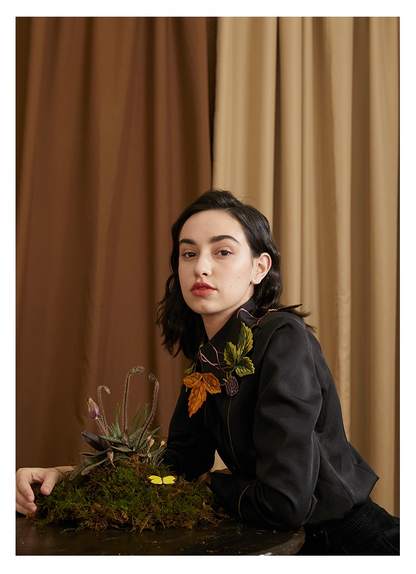 Leaf & Berry Embroidered Glossy Shirt　X3444