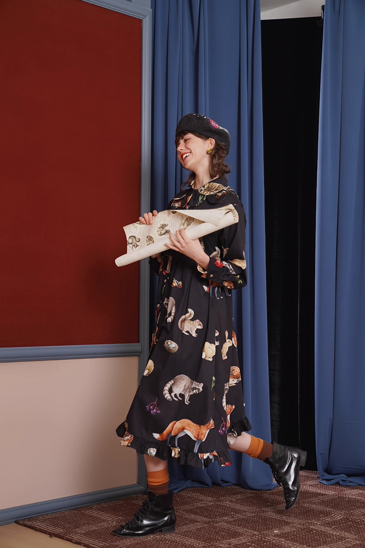 Vintage Animal Illustration Print Long Dress　X3348