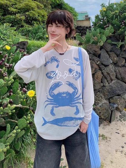 Seafood Print Long-Sleeved Tops X3178