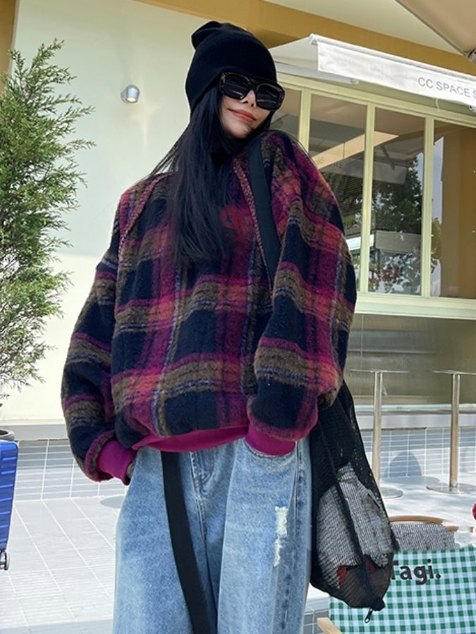 Warm check pullover/mini skirt/setup X2517