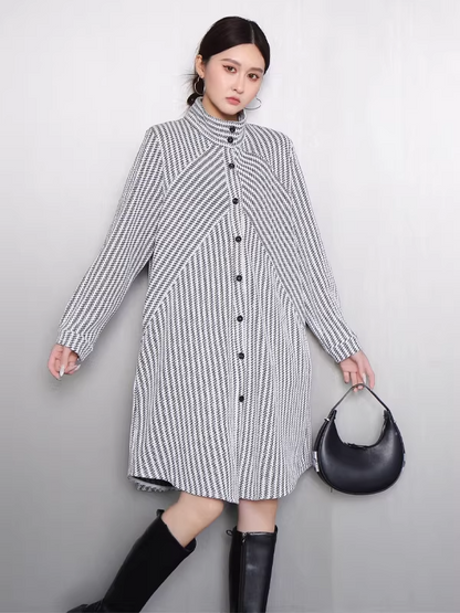 Striped Stand-Collar Long Shirt Dress X3521