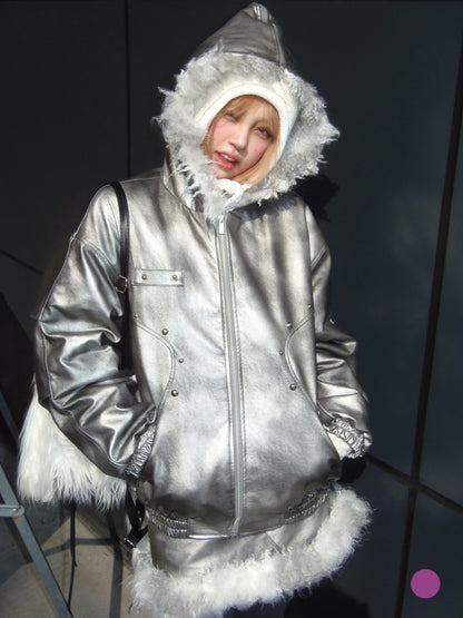 Metallic Silver Fur Jacket　X2960