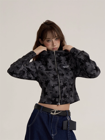 Vintage Retro Star Camo Zip-Up Hoodie Short Jacket　X3389