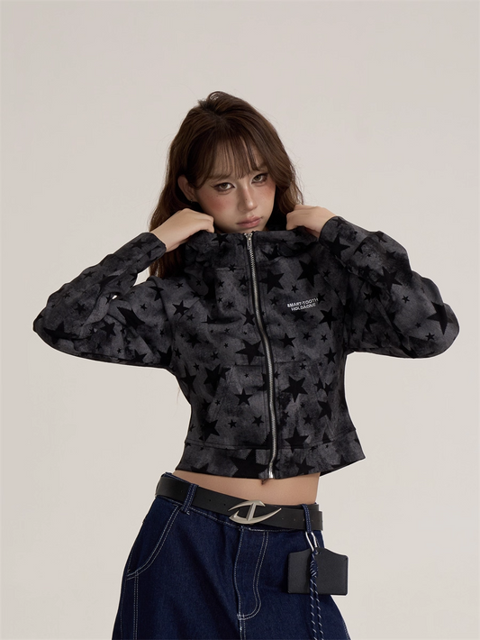 Vintage Retro Star Camo Zip-Up Hoodie Short Jacket　X3389