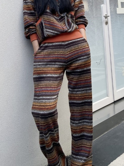 Colorful multi-stripe pattern long sleeve hoodie loose straight long pants X2518