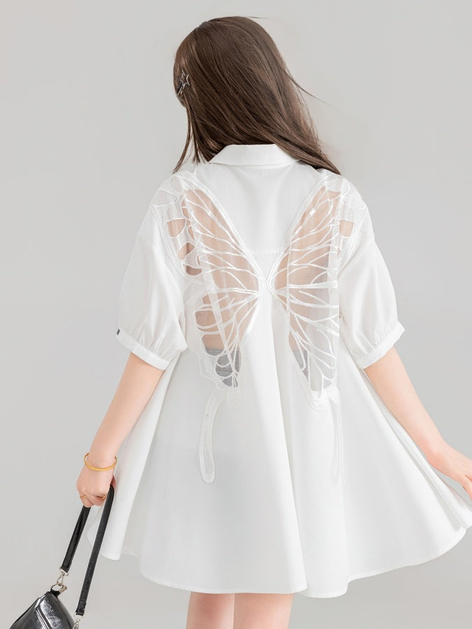 Butterfly motif open back puff sleeve shirt X2766