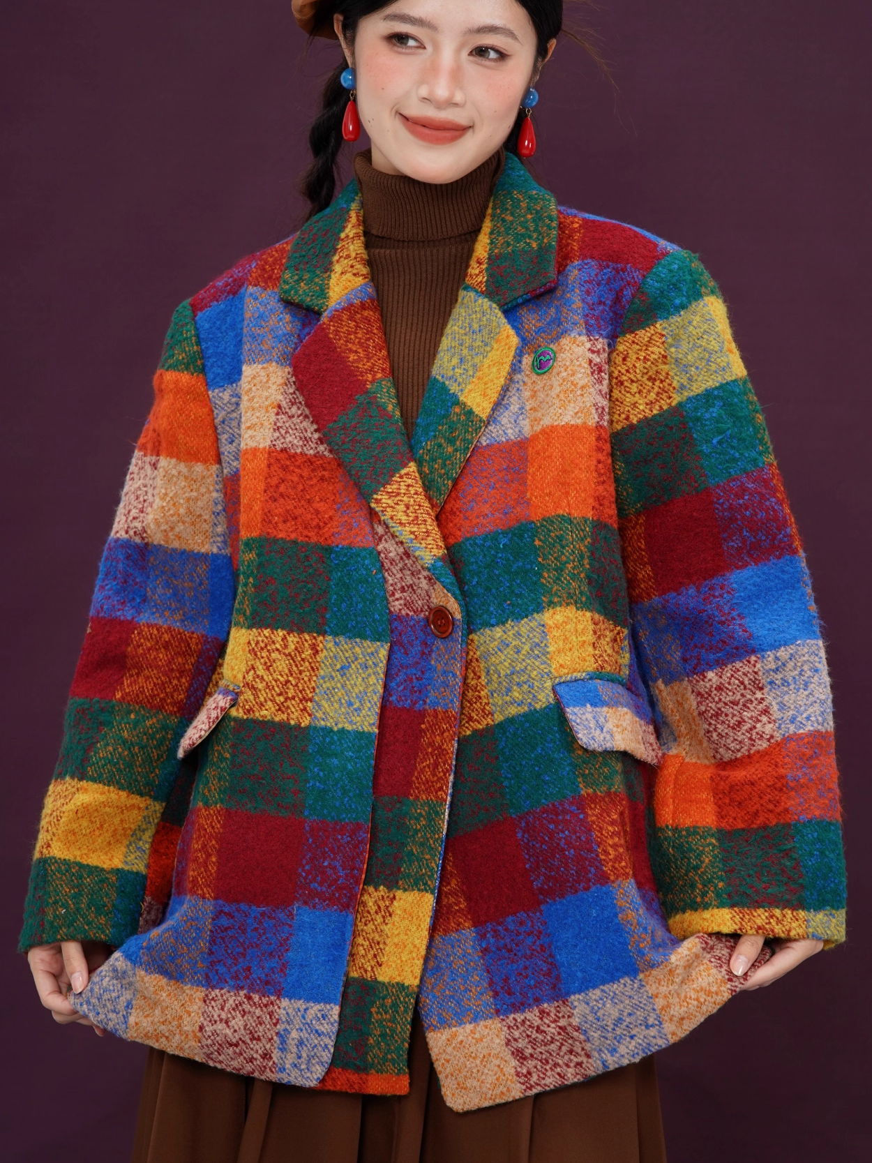 Colorful Rainbow Plaid Thick Oversized Blazer X3395