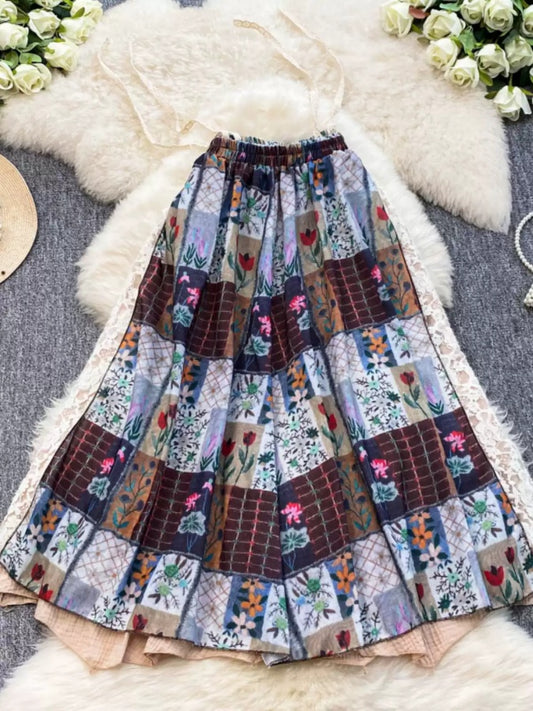 Retro Check Flower Pattern A-line Skirt X2931