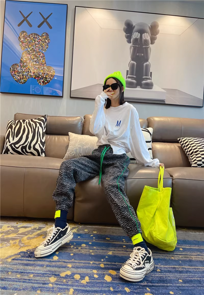 秋季豹紋高腰修身抽繩慢跑運動褲 X3501