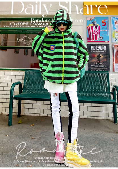 Striped Sherpa Fleece Colorblock Hoodie Jacket　X3408