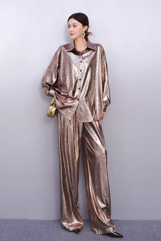 Glossy Textured Shirt & Wide-Leg Pants Set　X3518