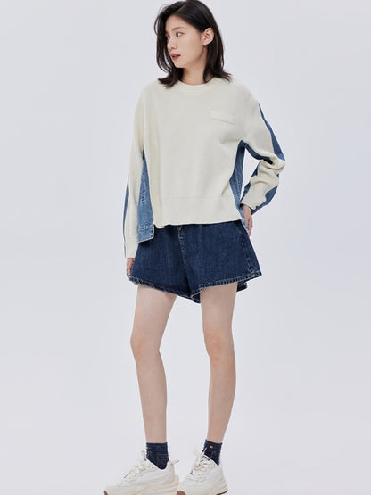 Bicolor denim knit sweater pullover X2782