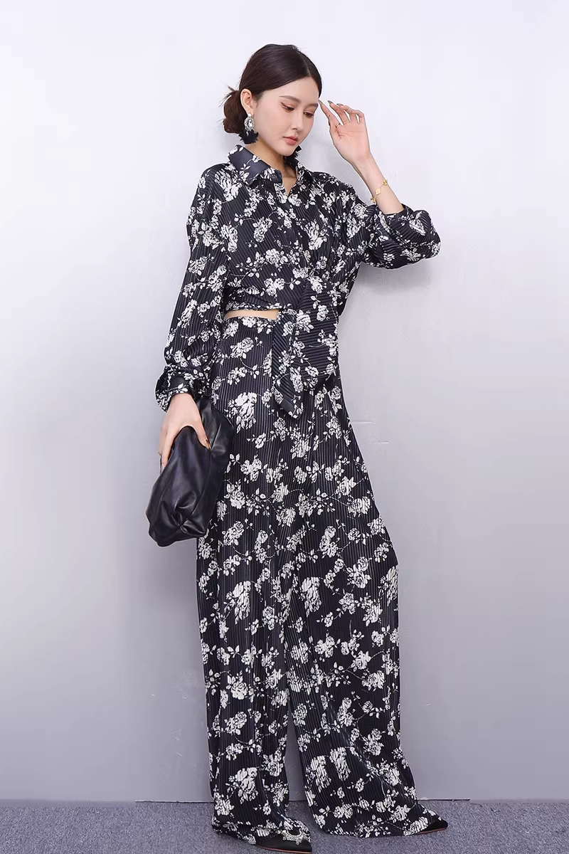 Draped Floral Print Shirt & Wide-Leg Pants Set X3519