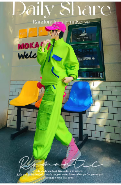 Neon Color Contrast-Zip High-Neck Fleece-Lined Sweatshirt　X3499