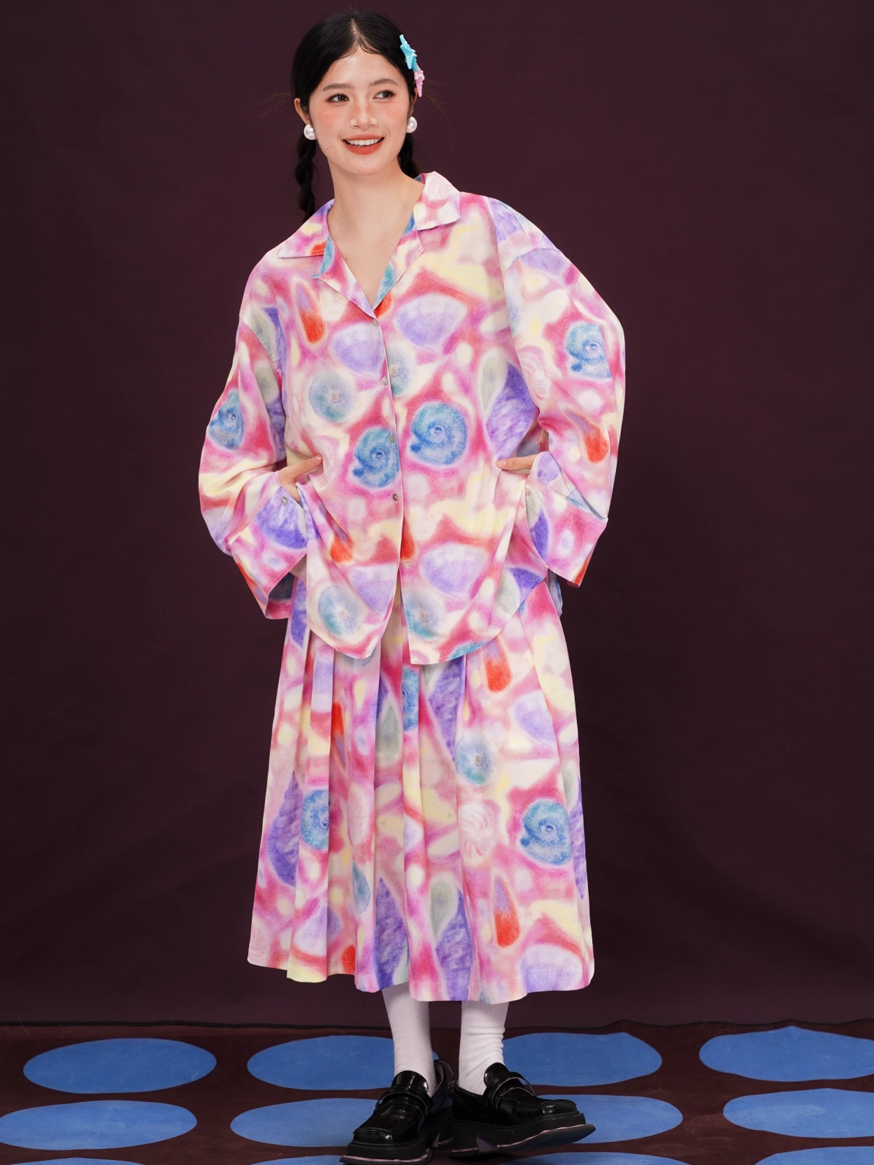Colorful Seashell Print Long-Sleeve Shirt/Skirt X3392
