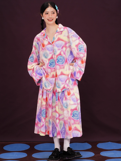 Colorful Seashell Print Long-Sleeve Shirt/Skirt X3392