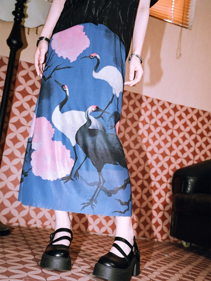 Crane motif long skirt X2780