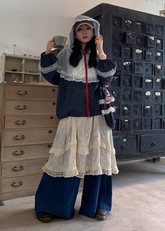 Mori Girl Style Lace Trim Loose Hoodie Jacket　X3362