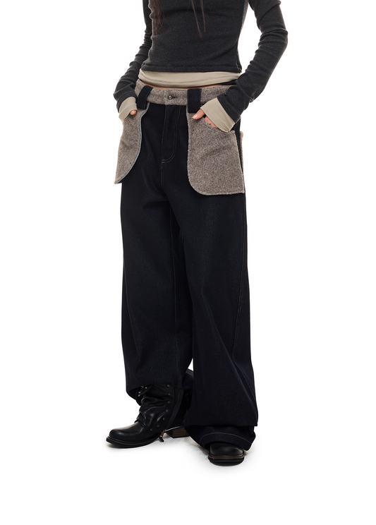 Warm Winter Retro Raw-Color Curved-Leg Denim Pants　X3486