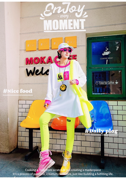 Neon Green Letter Patch Fleece Leggings X3412