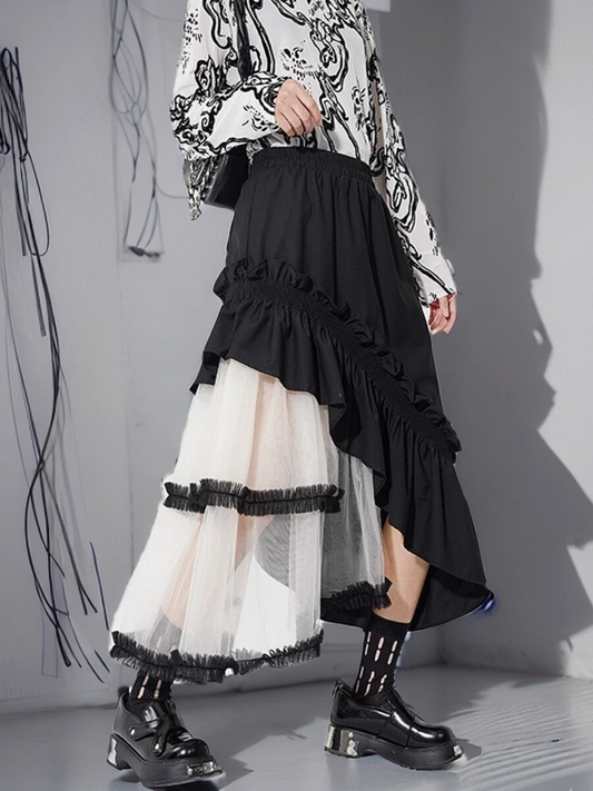 Vintage Mesh Panel Tiered Midi Skirt　X3235