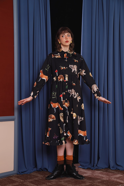Vintage Animal Illustration Print Long Dress　X3348