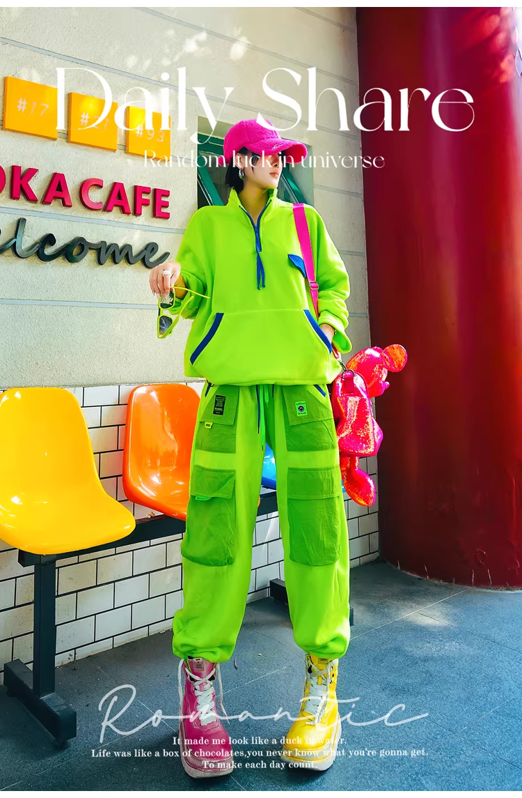 Neon Color Contrast-Zip High-Neck Fleece-Lined Sweatshirt　X3499