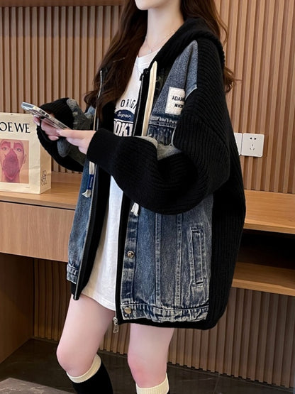 Denim patchwork knit sweater jacket X2940