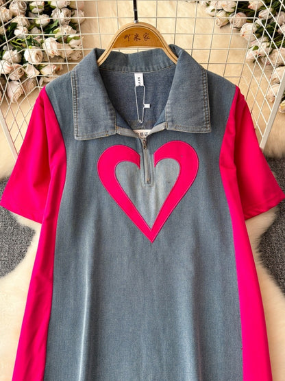 Bicolor Heart Denim Dress X2770