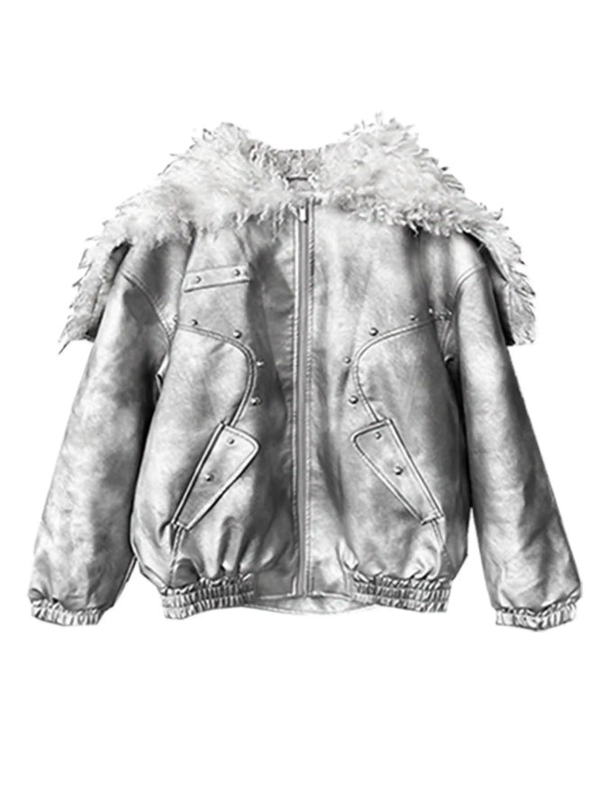 Metallic Silver Fur Jacket　X2960