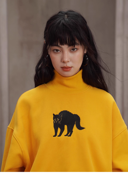 【限量庫存】黑貓刺繡復古高領衛衣 X3443