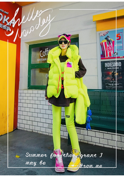Neon Color Letter Patch Padded Vest　X3429