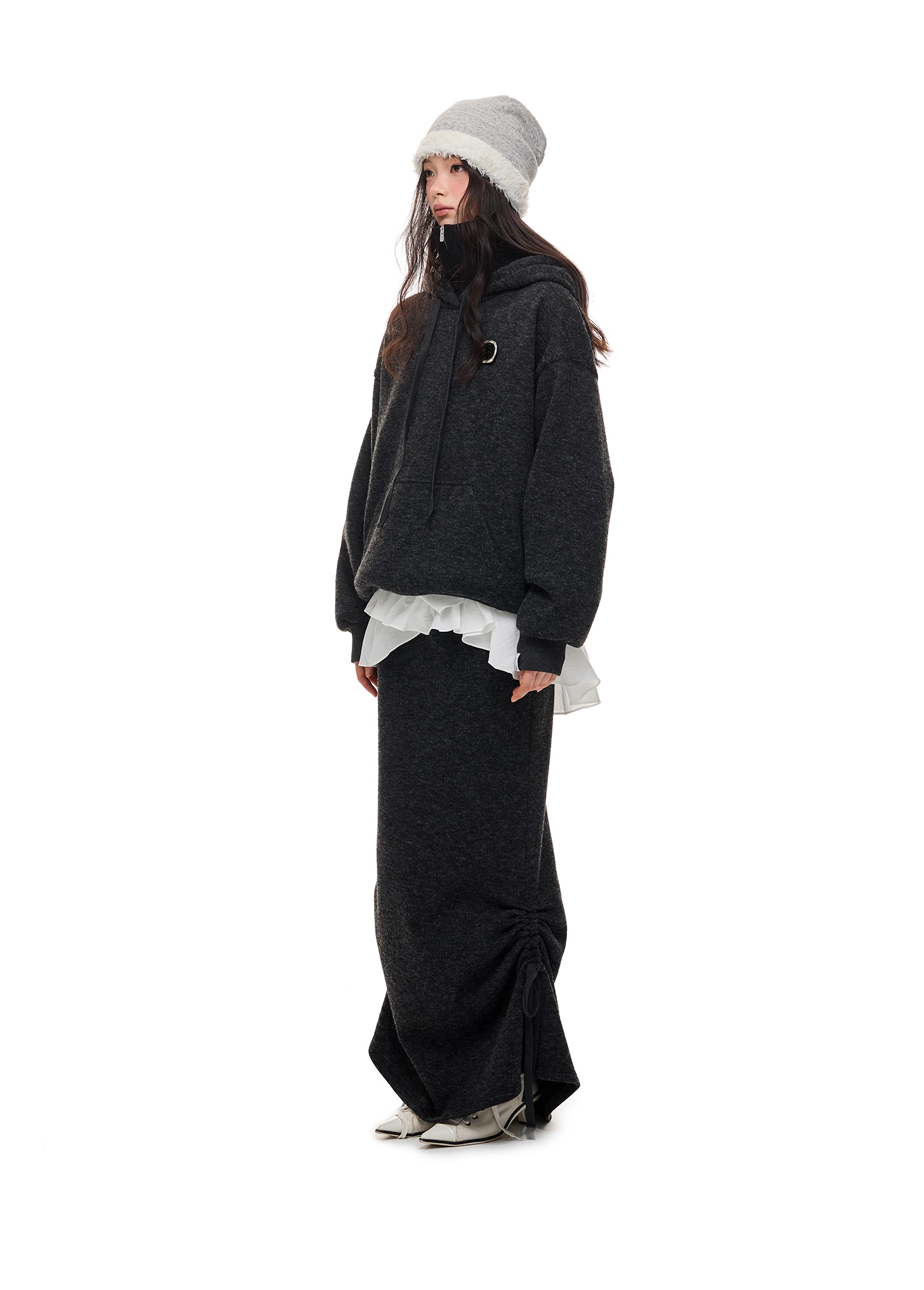Layered-Look High-Neck Hoodie & Long Skirt 　X3484