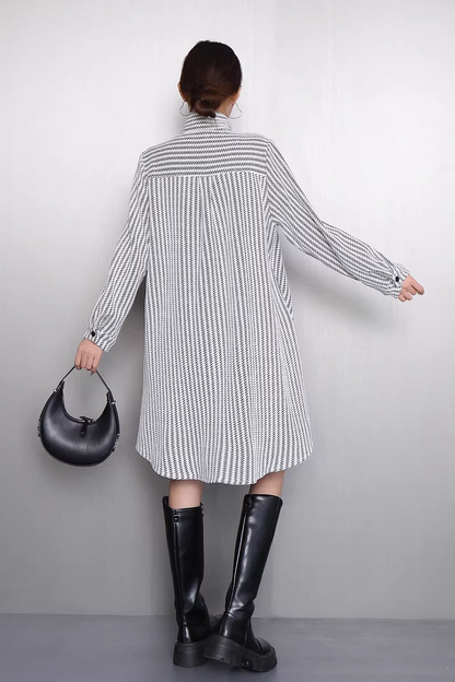 Striped Stand-Collar Long Shirt Dress X3521