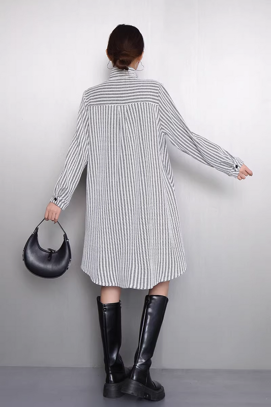 Striped Stand-Collar Long Shirt Dress　X3521