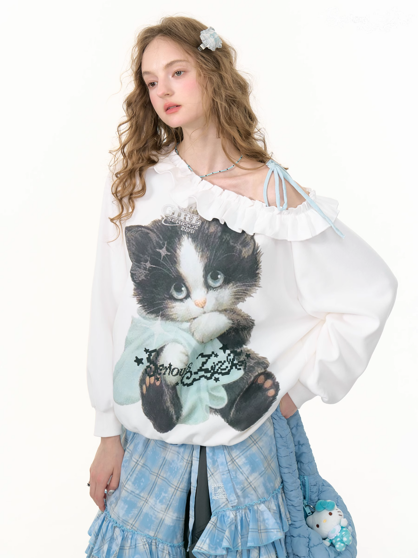 Cat Print One-shoulder Sweatshirt　X3386