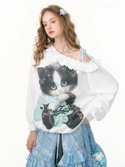 Cat Print One-shoulder Sweatshirt　X3386
