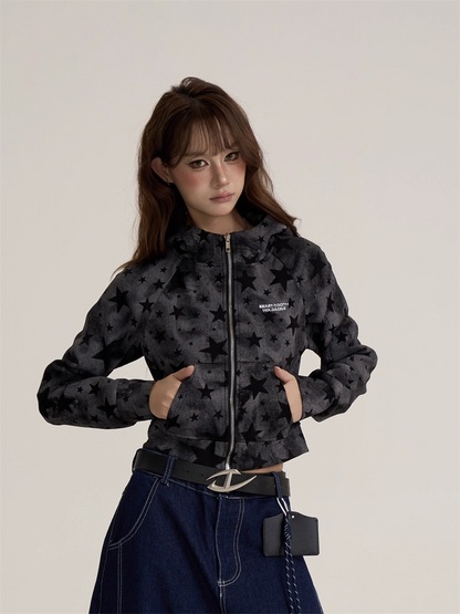 Vintage Retro Star Camo Zip-Up Hoodie Short Jacket　X3389