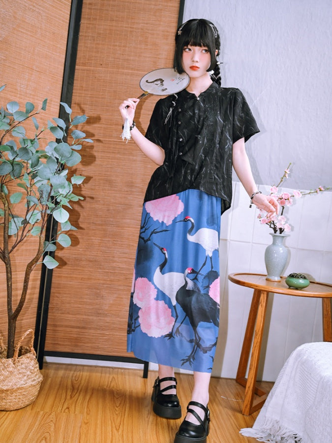 Crane motif long skirt X2780