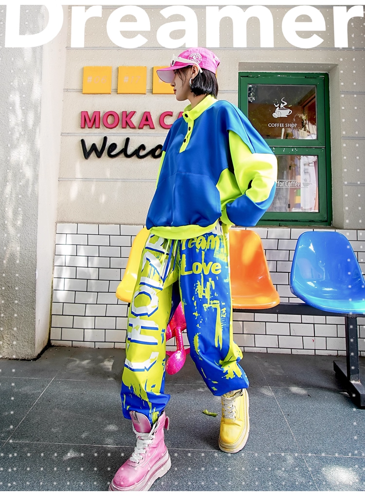 Blue × Neon Green Colorblock Hoodie　X3414