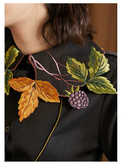 Leaf & Berry Embroidered Glossy Shirt　X3444