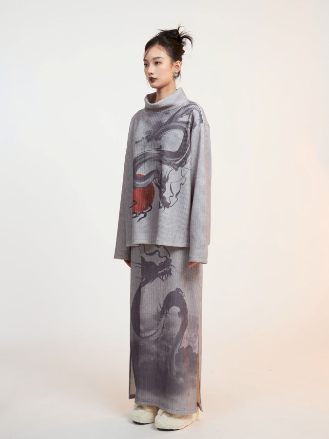 Dragon print high neck pullover/long skirt X2650